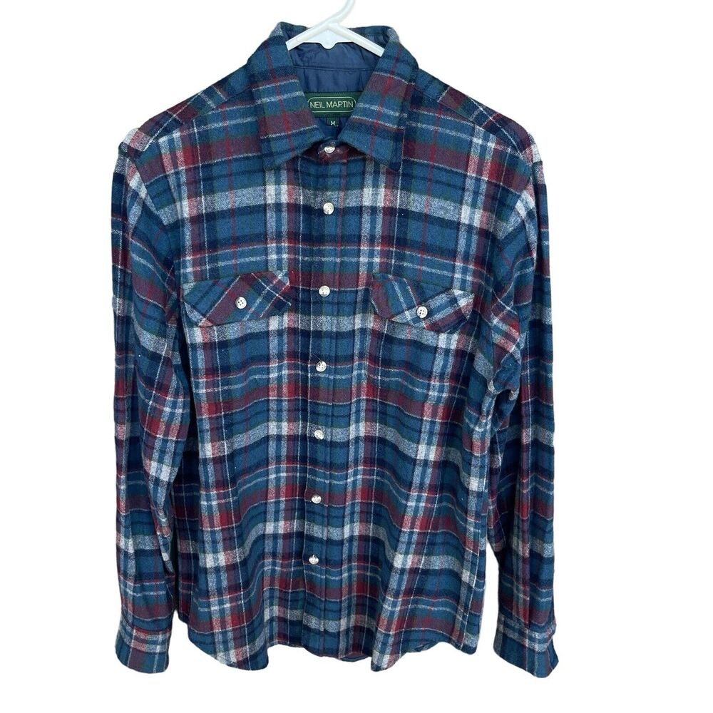 Neil Martin Mens Flannel Button Up Medium Blue Plaid Wool Blend‎ Outdoor Winter